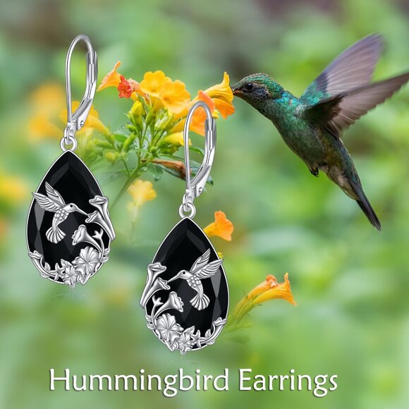 Hummingbird Earrings S925 Sterling Silver Black Dangle Drop Earrings - Picture 3 of 4